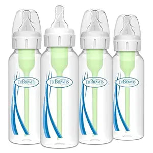 Dr. Brown's Natural Flow Anti-Colic Options+ Narrow Baby Bottle, 8 oz/250 mL, with Level 1 Slow Flow Nipples, 0m+, 4 Pack